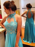 Stylish Halter Floor-Length Open Back Prom Dress with Beading Lace Top Prom Dresses