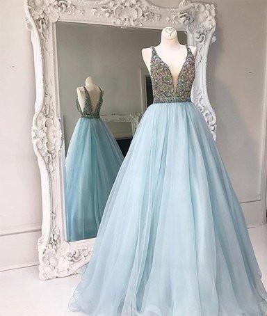 Unique V-neck tulle sequin beading long prom gown evening dresses