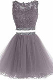 Two Piece Open Back Scoop Beads Sleeveless Grey Tulle A-Line Homecoming Dress
