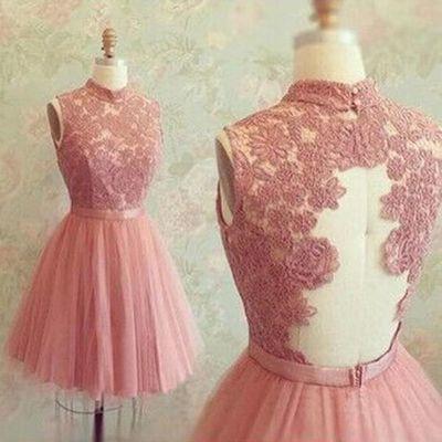 Short Prom Dresses High Neck Sleeveless Tulle Pink Lace Homecoming Dress