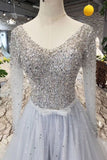 Unique Long Sleeve Tulle Sequins Prom Dresses with Lace up V Neck Evening Dresses