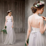 Spaghetti Straps Lace Top Light Grey A-line Tulle Simple Design Beach Wedding Dresses