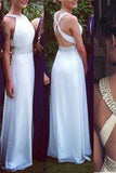 White Open Backs Simple Beaded A Line With Straps Glitter Backless Prom Dress For Teens