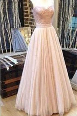 Sweetheart A-line Tulle Charming Lace Strapless Pink Sleeveless Backless Long Prom Dresses