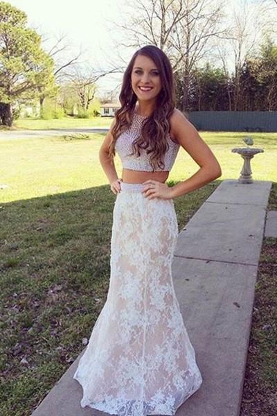 White lace two pieces mermaid beading long prom dress graduation