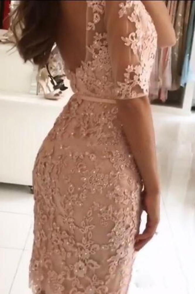 Sheath Pink Lace Appliques Beads Homecoming Dresses with Half Sleeve Prom Dresses