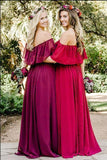 Simple A line Chiffon Red Off the Shoulder Flowy Bridesmaid Dresses Prom Dresses