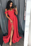 Simple Cold Shoulder Red Satin Straps Prom Dresses A Line with Split Evening Dresses