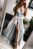 Simple Silver Long V-neck Lace Slit Satin Prom Dresses For Teens Party Dresses