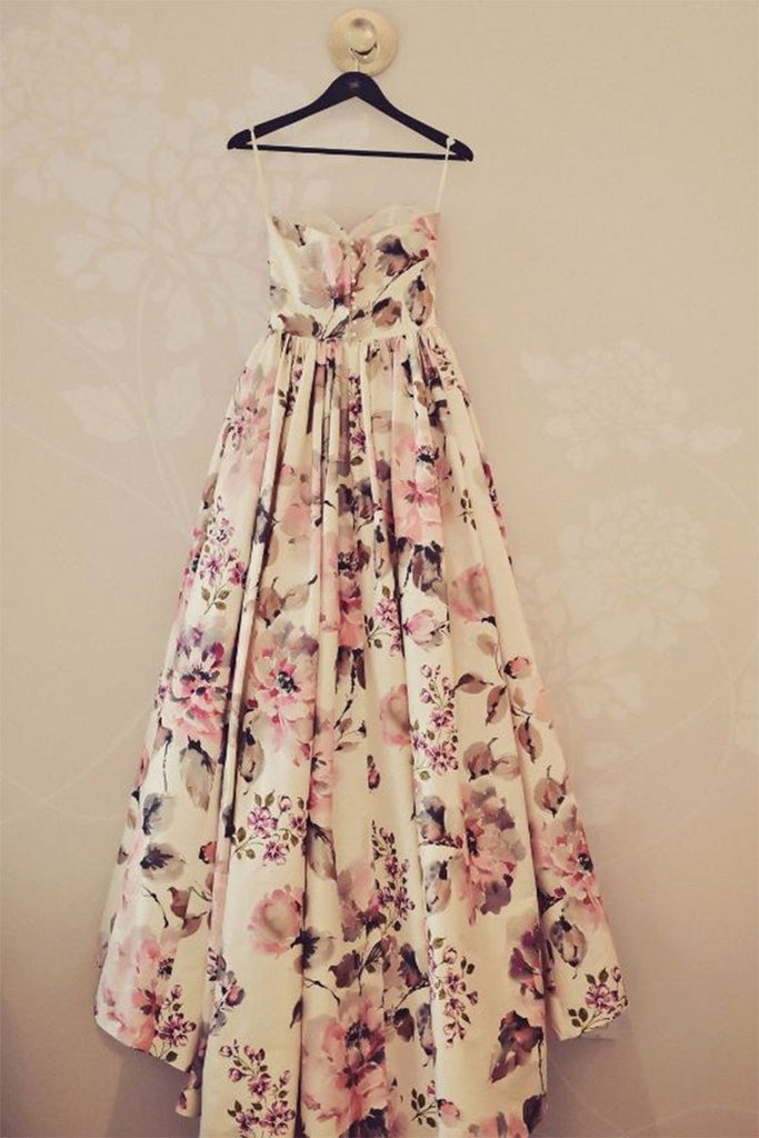 Simple Sweetheart Long Prom Dresses Floral Strapless Evening Dresses