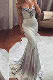 Simple Sweetheart Sleeveless Strapless Mermaid Gray Prom Dresses with Beading