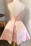 Simple V Neck Straps Short Pink Homecoming Dress Backless Satin Sweet 16 Dresses