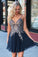 Spaghetti Straps Navy Blue Chiffon Short Party Dress with Appliques Homecoming Dress