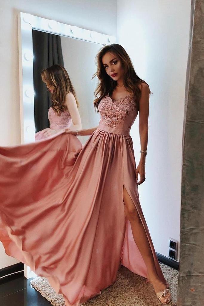 Spaghetti Straps Pink V Neck Prom Dresses Lace and Beaded Prom Dress with Slit