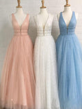 Sparkly Deep V Neck Long Beaded Backless Light Blue Prom Dresses Cheap Party Dress