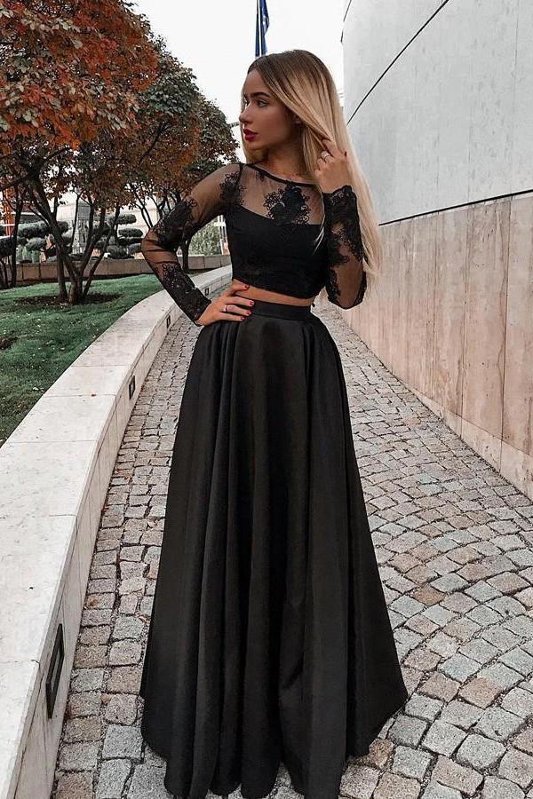Two Piece Black Long Sleeve Scoop Jewel Appliques Prom Dresses with Satin