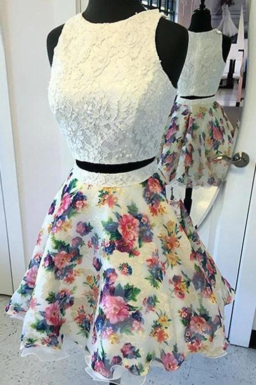 Two Pieces Ivory Beads Floral Print Lace Appliques Homecoming Dresses Cocktail Dress