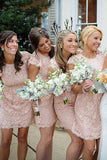 Sheath Crew Short Cap Sleeves High Neck Pink Lace Open Back Prom Bridesmaid Dresses