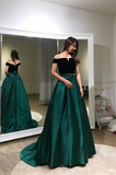 Unique A line Black And Green Long Elegant Off the Shoulder Satin Prom Dresses