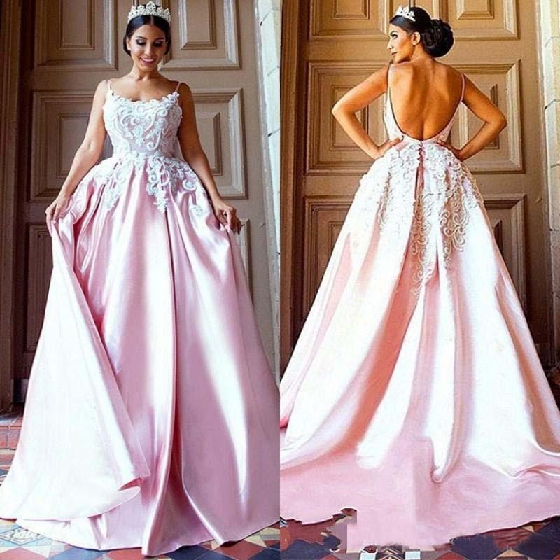 Unique Pink Backless Spaghetti Straps Sweep Train Appliques Long Prom Dresses