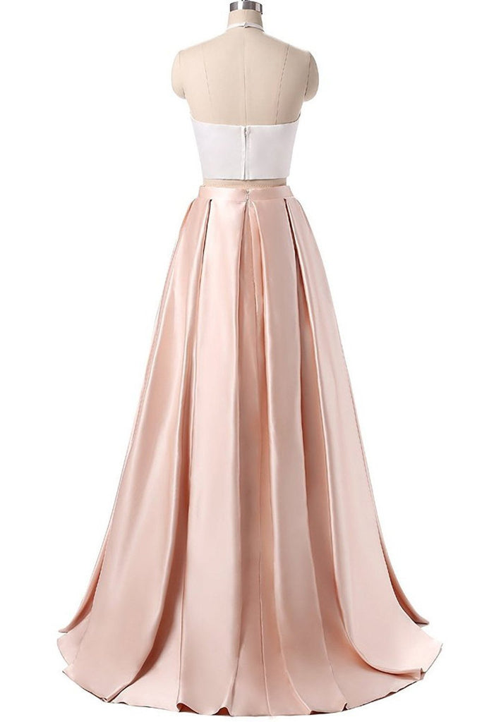 Simple Two Pieces Pink Halter Long Sleeveless Pleated Backless A-Line Prom Dresses