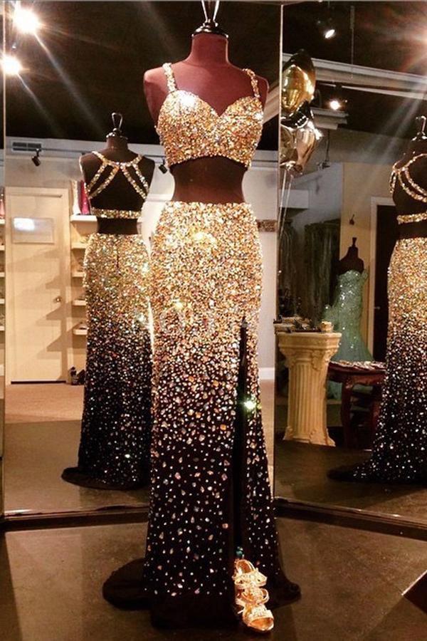 Sparkly Sweetheart Gold And Black Front Split 2 Pieces Beading Modest Prom Dresses