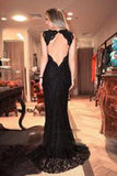 V-neck Black Lace Long Split Prom Dresses Evening Dresses