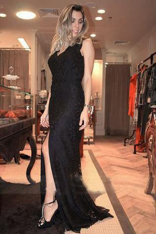 V-neck Black Lace Long Split Prom Dresses Evening Dresses