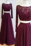 Two Piece Burgundy Bateau Long Sleeves Floor-Length Prom Dress with Lace Beading