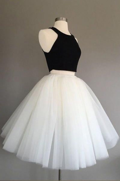 White and Black Two Pieces Tulle Cute Tutu Party Dresses Homecoming Dress
