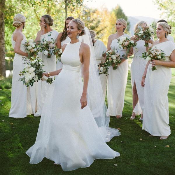 Simple Cheap Open Back Affordable Long Chiffon White Wedding Brides Dresses