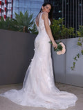 Trumpet/Mermaid Lace Applique V-neck Sleeveless Sweep/Brush Train Wedding Dresses TPP0005994