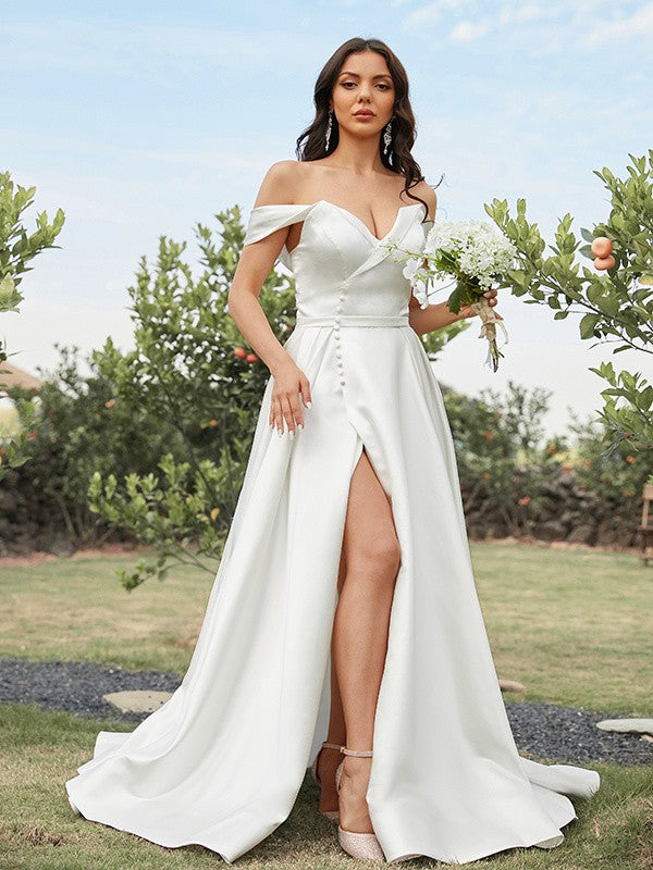 A-Line/Princess Satin Ruched Off-the-Shoulder Sleeveless Sweep/Brush Train Wedding Dresses TPP0005982