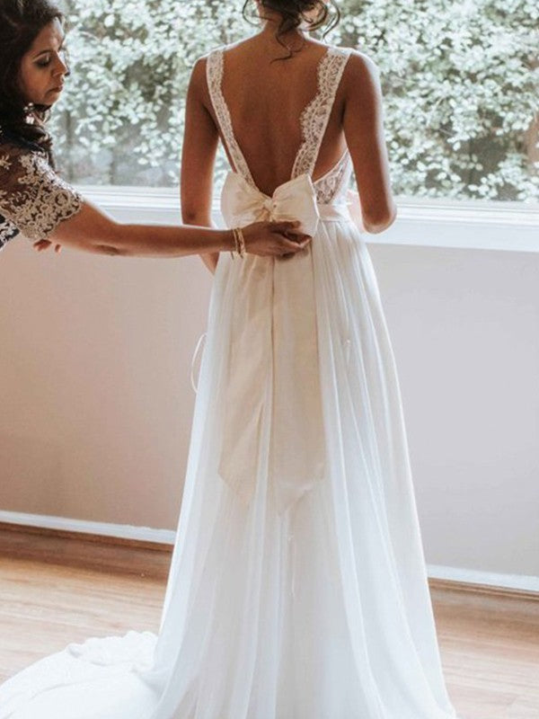A-Line/Princess V-neck Sleeveless Sweep/Brush Train Lace Chiffon Wedding Dresses TPP0006850
