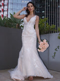 Trumpet/Mermaid Lace Applique V-neck Sleeveless Sweep/Brush Train Wedding Dresses TPP0005994