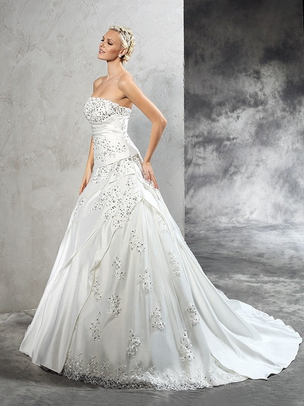 Ball Gown Strapless Beading Sleeveless Long Satin Wedding Dresses TPP0006385