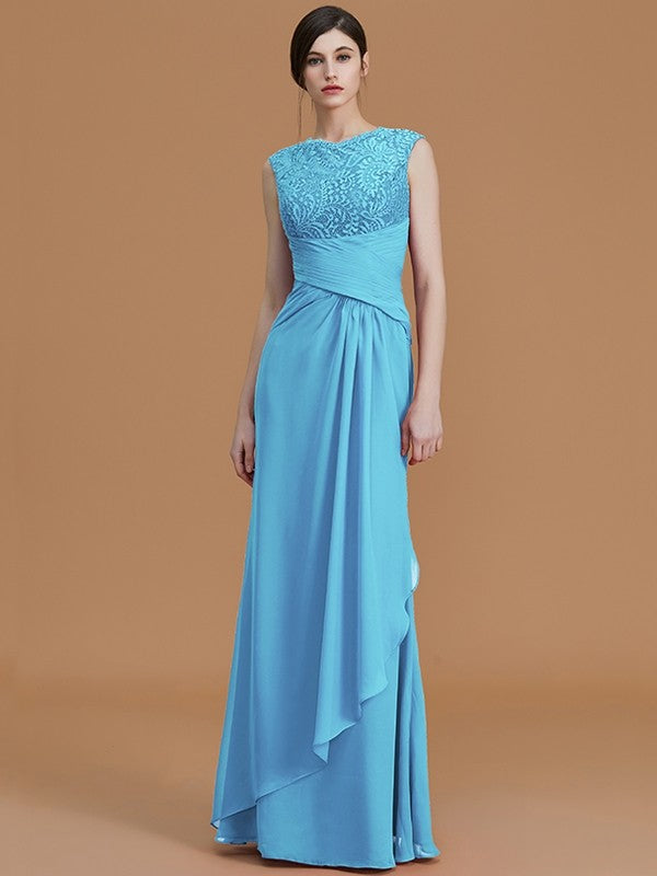 Sheath/Column Jewel Sleeveless Floor-Length Lace Chiffon Bridesmaid Dresses TPP0005461