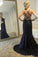 Spaghetti Straps V-Neck Black Mermaid Sparkly Sexy Beads Tulle Unique Prom Dresses