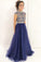Vintage Stylish A-Line High Neck Cap Sleeves Navy Blue Beaded Lace Tulle Prom Dresses
