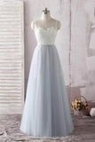 Simple A Line Spaghetti Straps Gray Sweetheart Ivory Lace Blue Tulle Prom Dresses