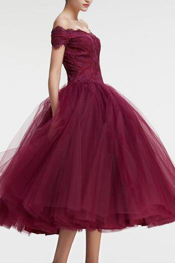 Vintage Princess Off the Shoulder Tea Length Ball Gown Scoop Burgundy Homecoming Dress