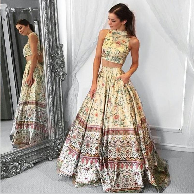 Unique A line Two Piece High Neck Tribal Satin Prom Dresses with Pockets Party Dresses