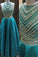 Two Pieces Beaded Crew Neck Prom Dress-Zipper-up Satin Long Prom Dresses