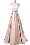 Simple Two Pieces Pink Halter Long Sleeveless Pleated Backless A-Line Prom Dresses