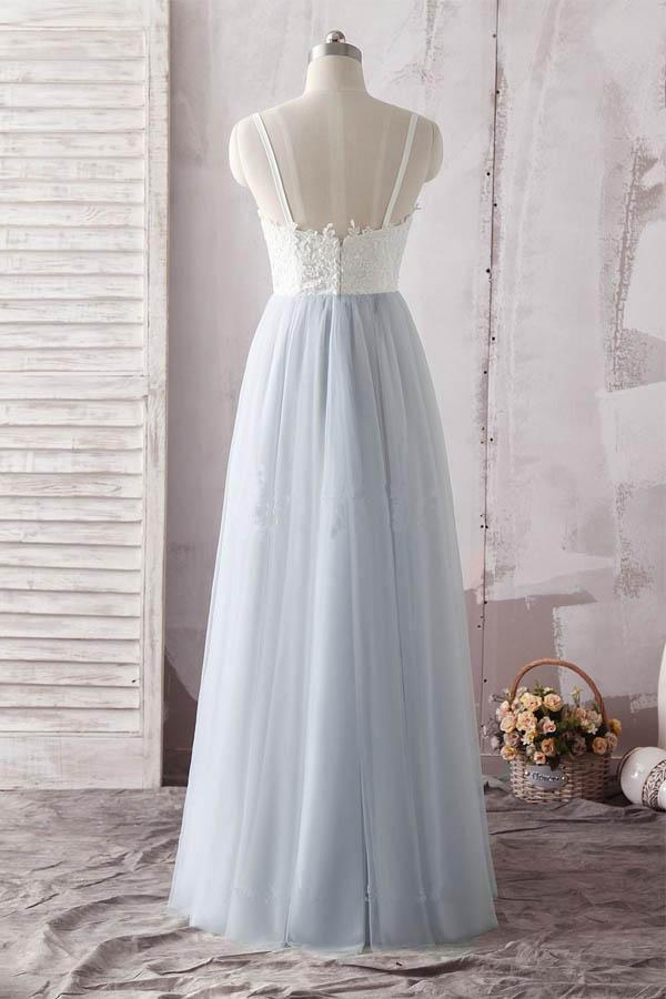 Simple A Line Spaghetti Straps Gray Sweetheart Ivory Lace Blue Tulle Prom Dresses