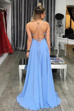 Simple A-Line Spaghetti Straps Blue V-Neck Backless Long Slit Backless Chiffon Prom Dresses