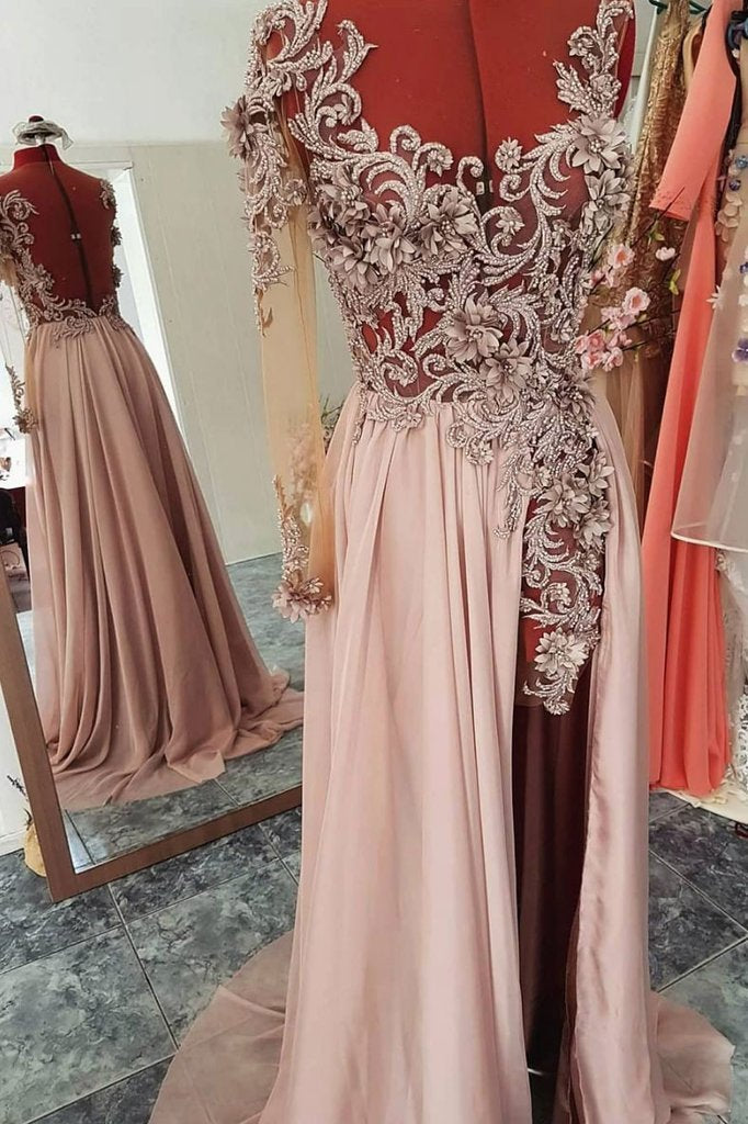 Unique Round Neck Chiffon Lace Long Beads Long Sleeve Party Prom Dresses