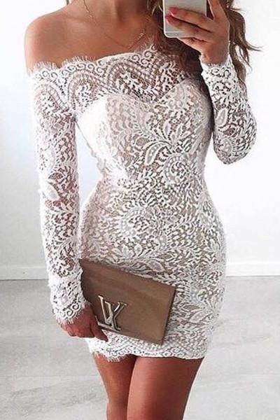 White Lace Bodice Off shoulder Long Sleeves Mermaid Homecoming
